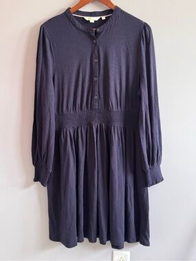 Boden Smocked Jersey Shirt Dress Navy Blue Long Sleeve US 14R